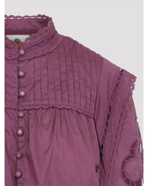 Farm Rio Purple Richelieu Embroidery Blouse Balloon Sleeves