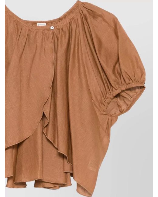 120% Lino Brown Cropped Linen Blouse Puff Sleeves
