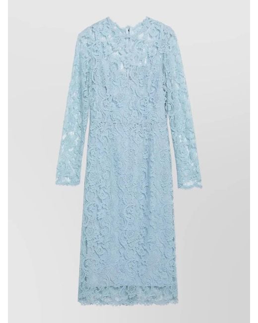 Dolce & Gabbana Blue Lace Midi Dress Long Sleeves Scalloped Edges