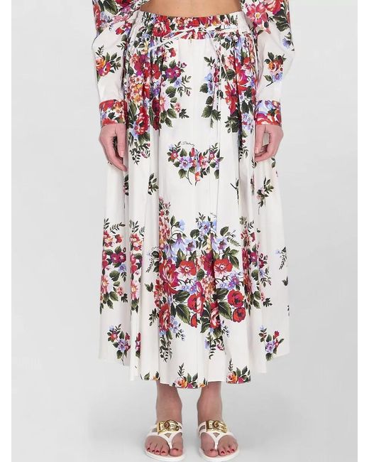 Dolce & Gabbana White Cotton Floral Print Pleated Maxi Skirt