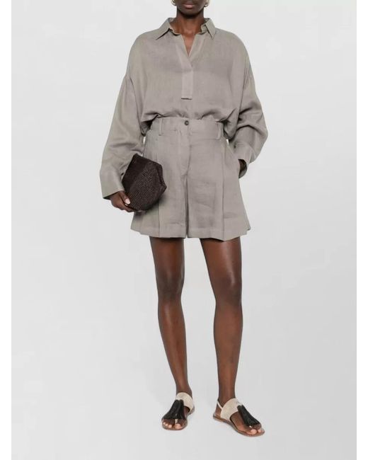 Brunello Cucinelli Gray Linen V-Neck Long-Sleeve Shirt