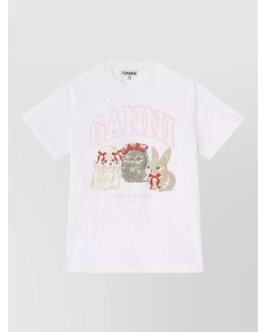 Ganni White Organic Cotton Printed T-Shirt