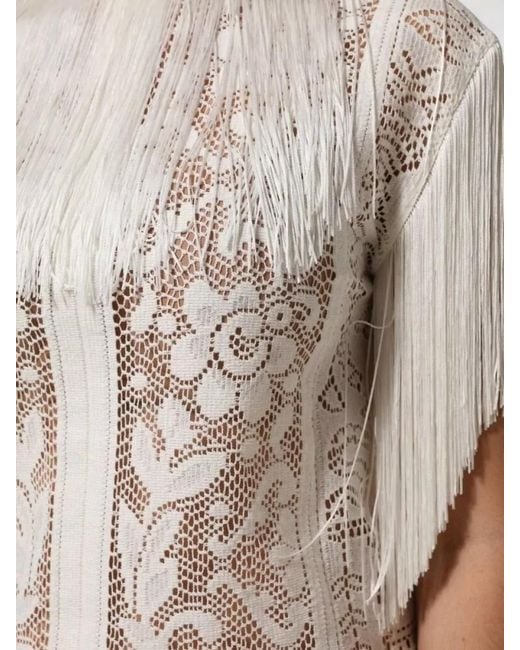 Dolce & Gabbana Brown Floral Lace Fringe Sheer Knee Length Dress