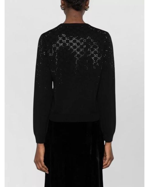 Gucci Black Wool Cardigan Round Neck Sequin Ribbed Trims