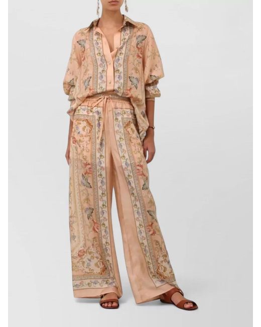 Zimmermann Natural Roselight Silk Wide Leg Floral Trousers