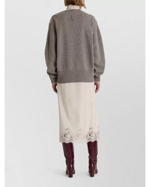 Alberta Ferretti Gray Knit Top V Neckline Lace Trim