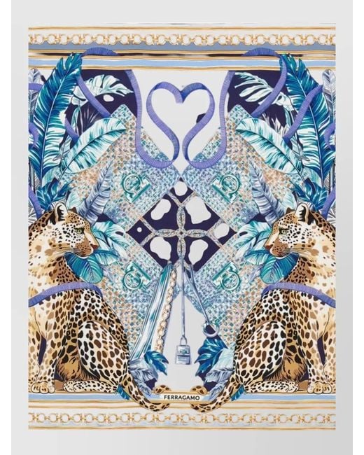 Ferragamo Blue Square Scarf Animal Chain Leaf Motifs