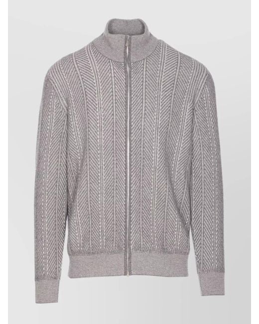 Brunello Cucinelli Gray Chevron Knit High Neck Zipped Cardigan for men