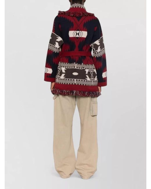 Alanui Red Cashmere Jacquard Fringe Belted Cardigan