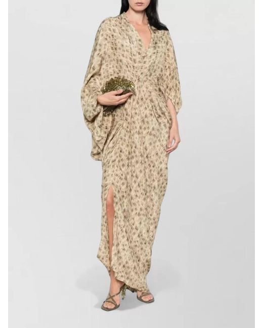 Cortana Natural Printed Draped V-Neck Batwing-Sleeve Side-Slit Long Dress
