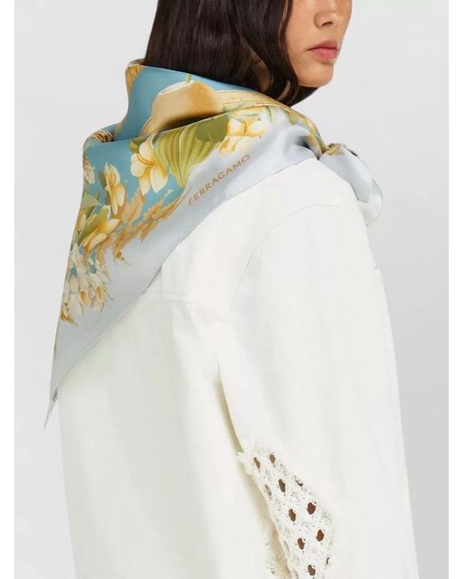 Ferragamo Blue Silk Printed Scarf