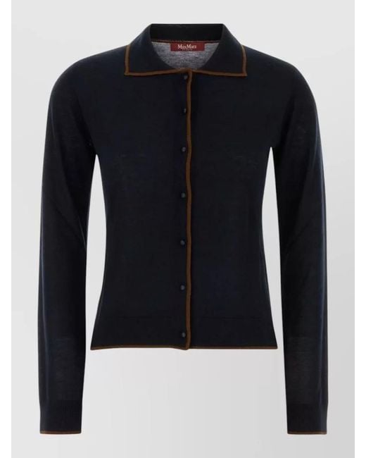 MM STUDIO Blue Silk Blend Targo Cardigan Collared Contrast Trim