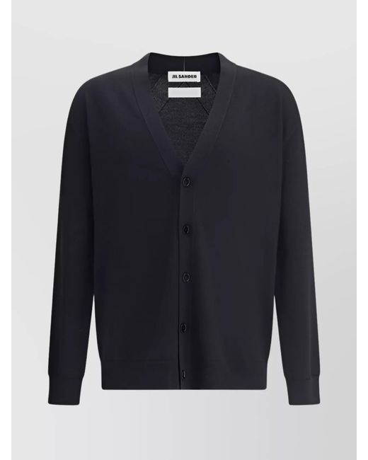 Jil Sander Blue Merino Wool V-Neck Ribbed Cardigan for men