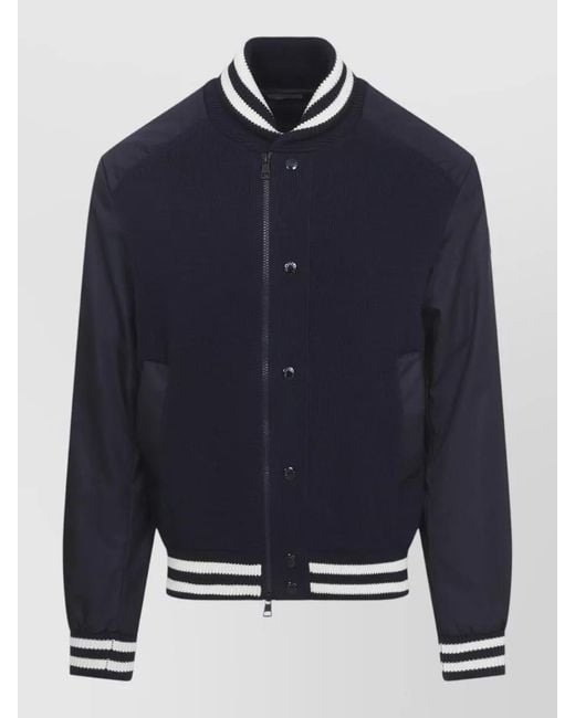 Moncler Blue Cardigan Jacket Suede Panels Ribbed Collar for men