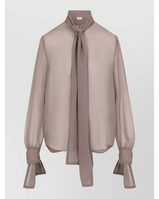 Saint Laurent Natural Silk Semi-Sheer Long-Sleeve Tie-Neck Blouse