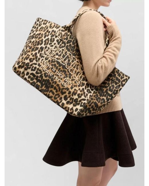 Ganni Metallic Medium Recycled Cotton Leopard-Print Tote Bag