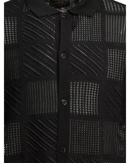 Beams Plus Black Textured Knit Polo Shirt for men