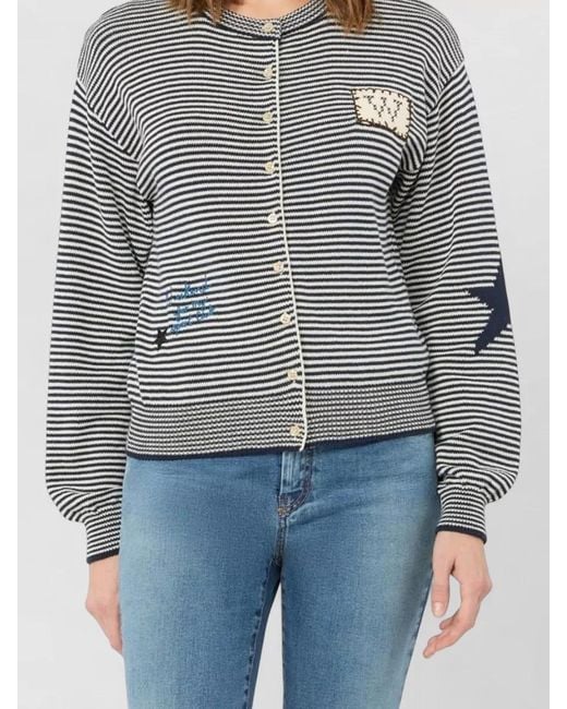 Weekend by Maxmara Gray Striped Crewneck Top Embroidered Long Sleeves