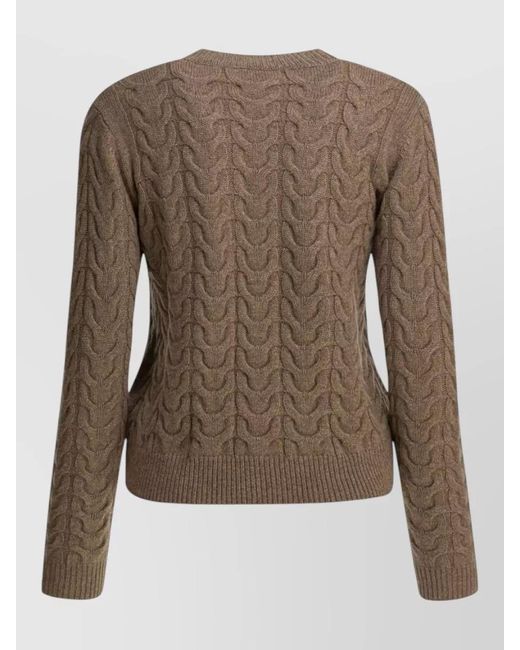 Max Mara Brown Cable Knit Crew Neck Sweater Long Sleeves
