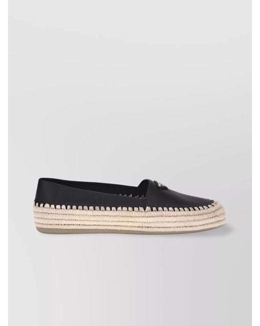 Prada Black Round Toe Flatform Raffia Espadrilles