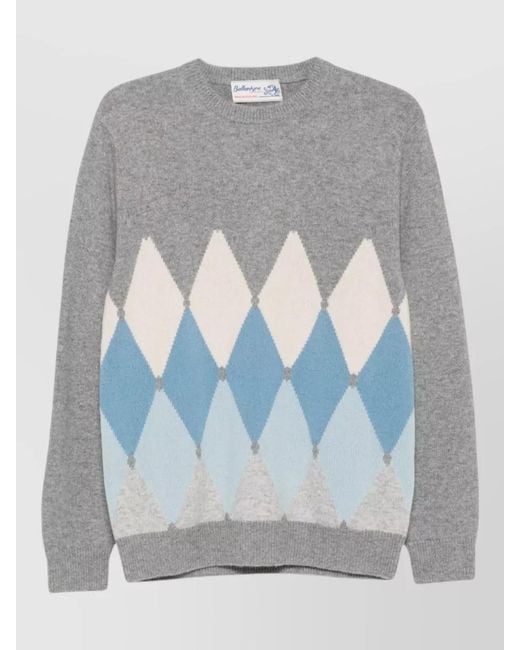Ballantyne Gray Cashmere Argyle Crew Neck Jumper for men