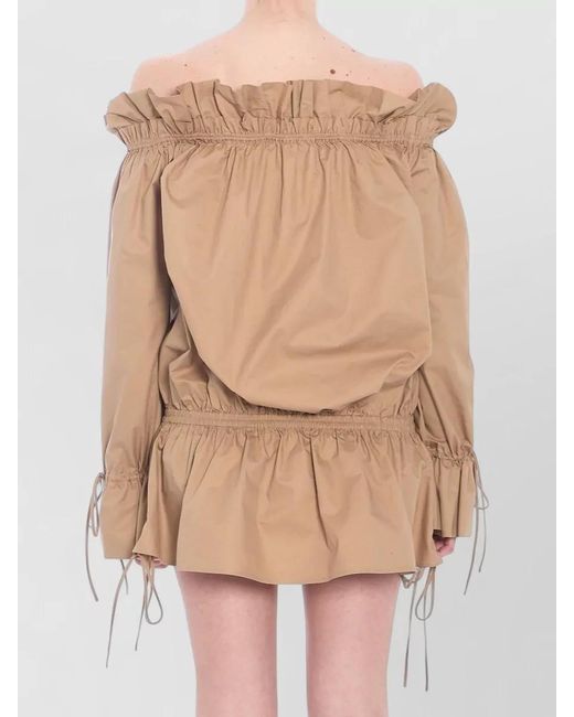Saint Laurent Natural Cotton Off-Shoulder Ruched Mini Dress