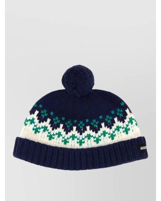 Miu Miu Blue Wool Beanie Hat Knit Pattern Tassel