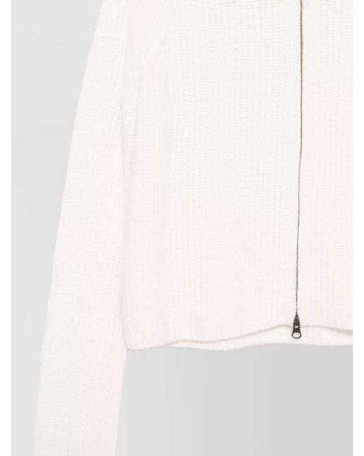 Lisa Yang White Cashmere Ribbed High Neck Zip-Up Cardigan