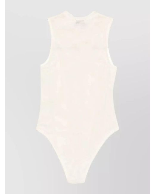 Forte_forte White Tulle Bodysuit Ribbed Texture Round Neckline