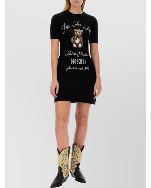 Moschino Black Crew Neck Embroidered Graphic Print Dress