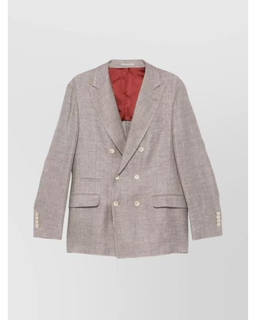 Brunello Cucinelli White Linen Blend Double-Breasted Jacket With Back Vent for men