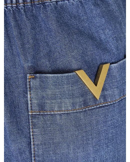 Valentino Garavani Blue Chambray Denim Shorts Straight Cut Back Pockets