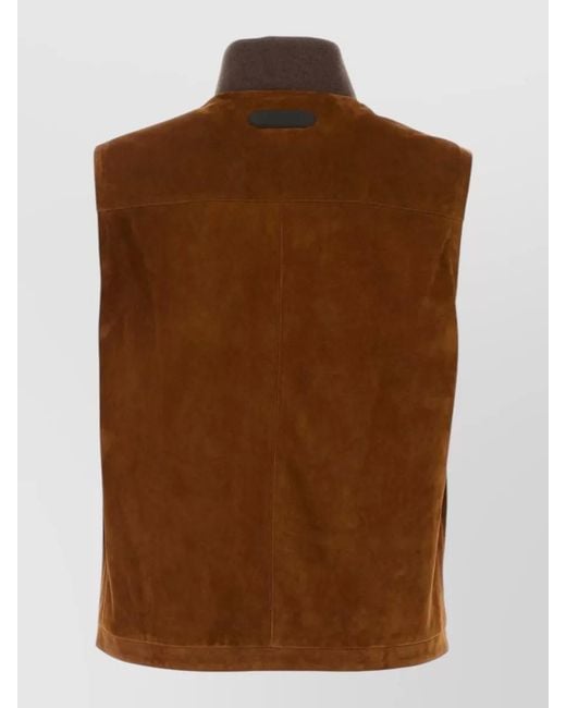 Brioni Brown Suede Sleeveless Jacket Stand Collar Pockets for men
