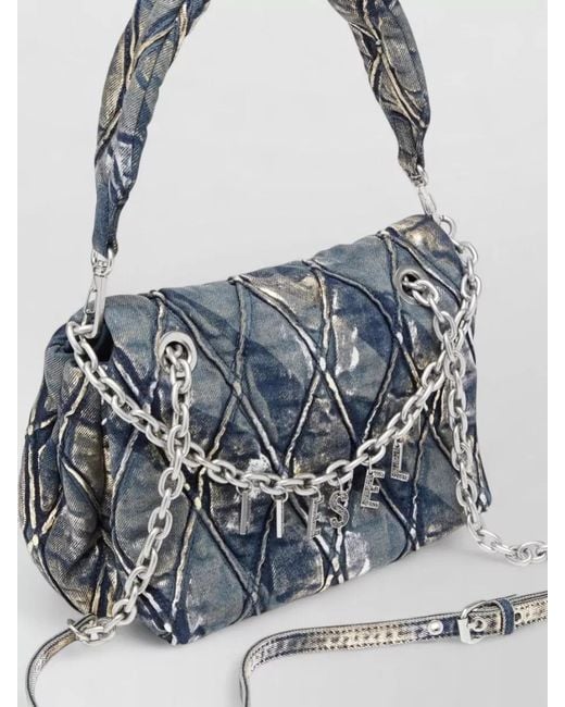 DIESEL Blue Quilted Shoulder Clutch Bag Chain Strap