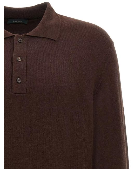 Zanone Brown Cashmere Wool Long-Sleeve Polo Shirt for men