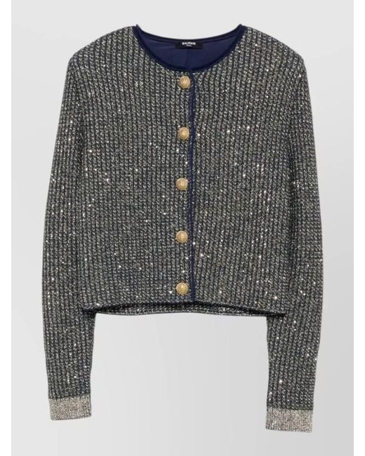 Balmain Gray Knit Cardigan Contrast Trim Cropped Length