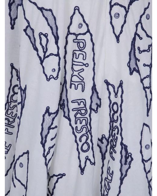 Farm Rio White Fresh Fish Embroidered Flared Midi Skirt