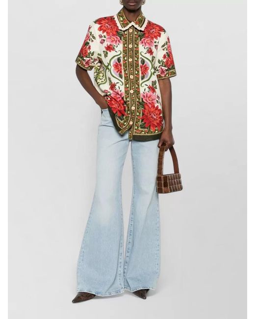 Farm Rio Red Short Sleeve Top Contrast Trim Flowers