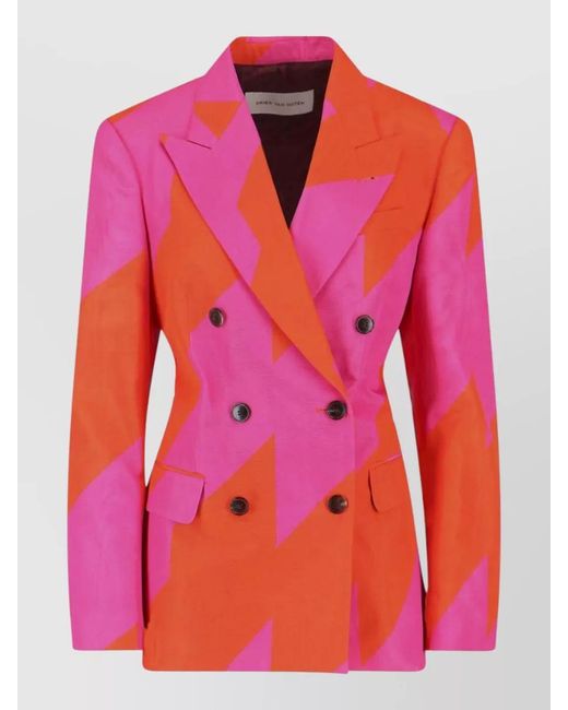 Dries Van Noten Pink Double Breasted Blazer Bold Pattern Tie Back