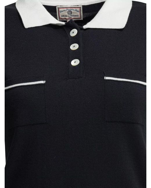 Ines De La Fressange Paris Black Knit Top Chest Pockets Contrasting Collar