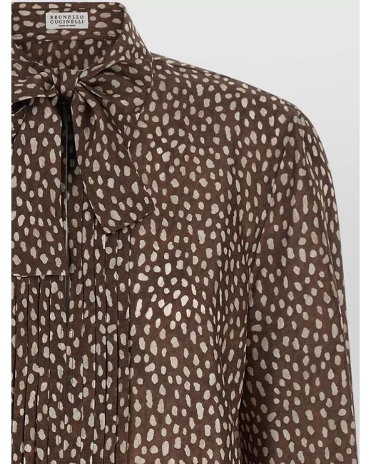 Brunello Cucinelli Brown Silk Shirt Lavallière Collar Polka Dots