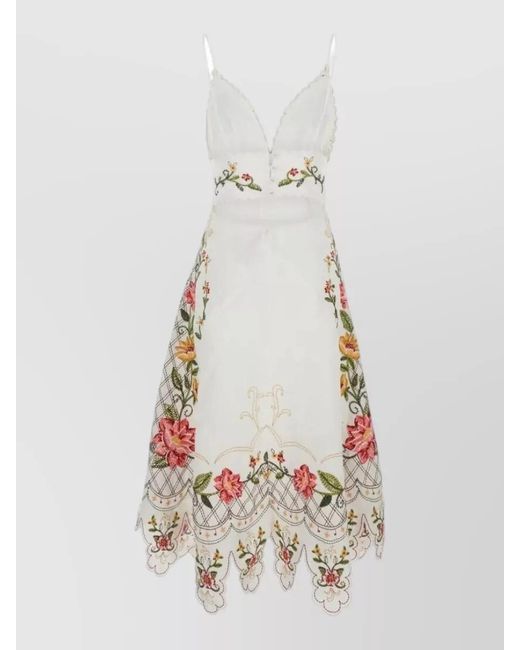 Farm Rio White Floral Embroidered Midi Dress V Neck