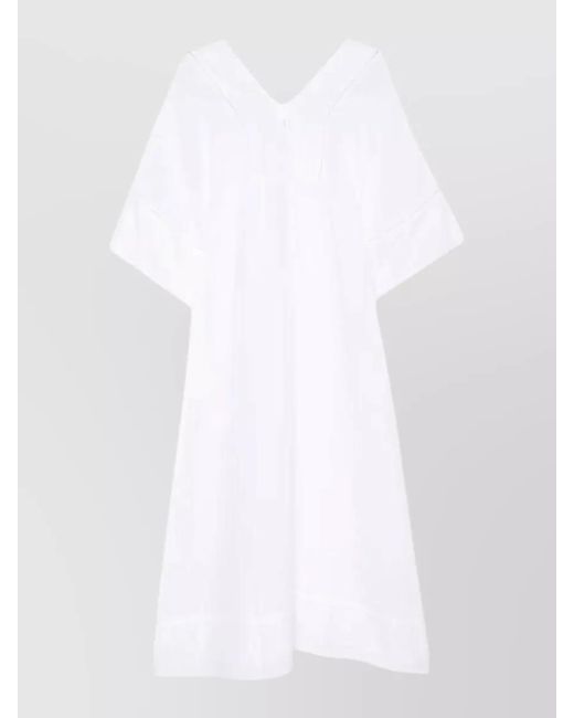 120% Lino White Linen Kaftan Dress V Neckline Contrast