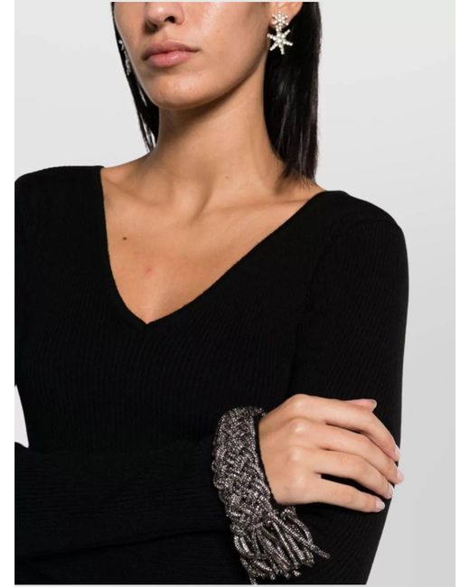 GIUSEPPE DI MORABITO Black Crystal-Embellished Ribbed-Knit Merino Wool V-Neck Top