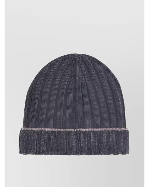 Brunello Cucinelli Blue Cashmere Ribbed Beanie Hat for men