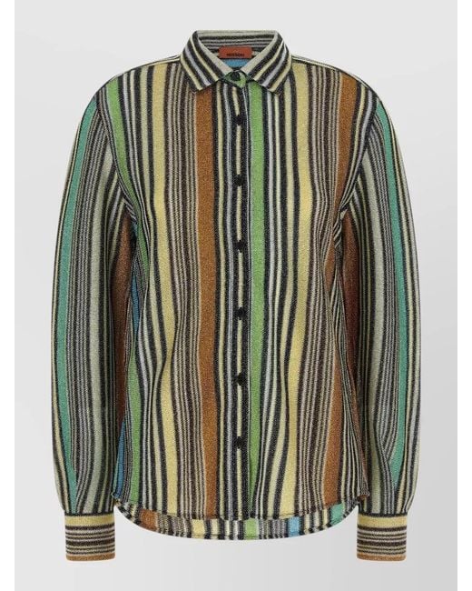 Missoni Green Metallic Viscose Knit Shirt Striped Cuffs