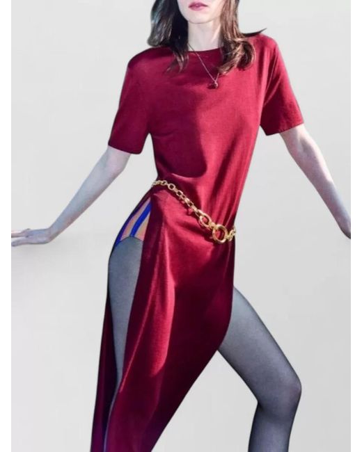 Saint Laurent Red Long Dress Round Neckline Short Sleeves Slit