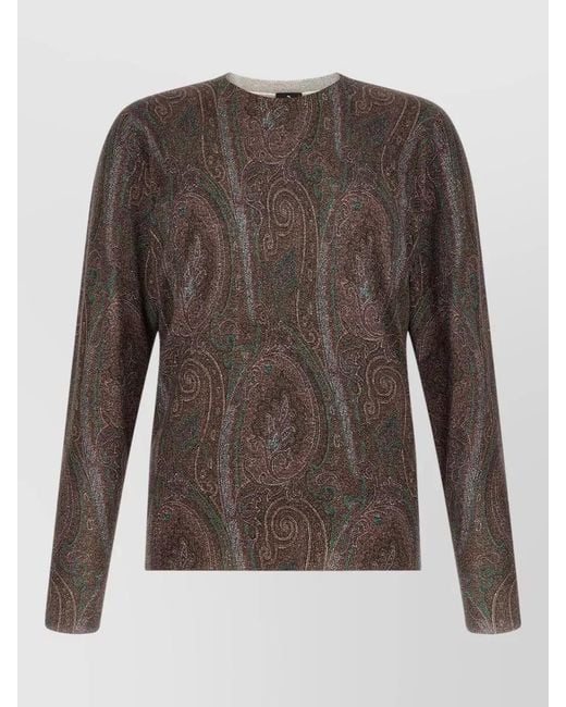Etro Brown Paisley Crew Neck Sweater Long Sleeves for men