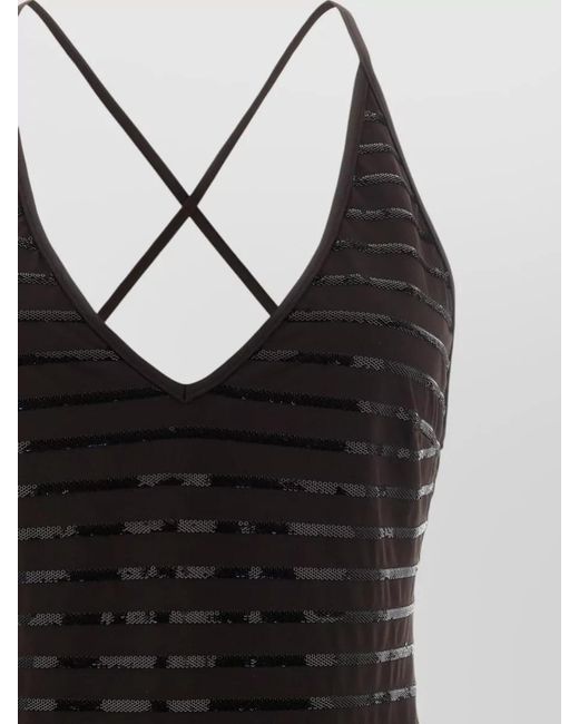 Brunello Cucinelli Black Striped Sequin V-Neck One-Piece Swimsuit