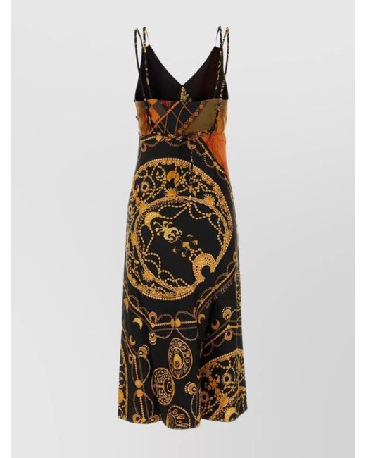 MARINE SERRE Brown Silk Graphic Print Patchwork Sleeveless V-Neck Asymmetric Hem Midi Dress